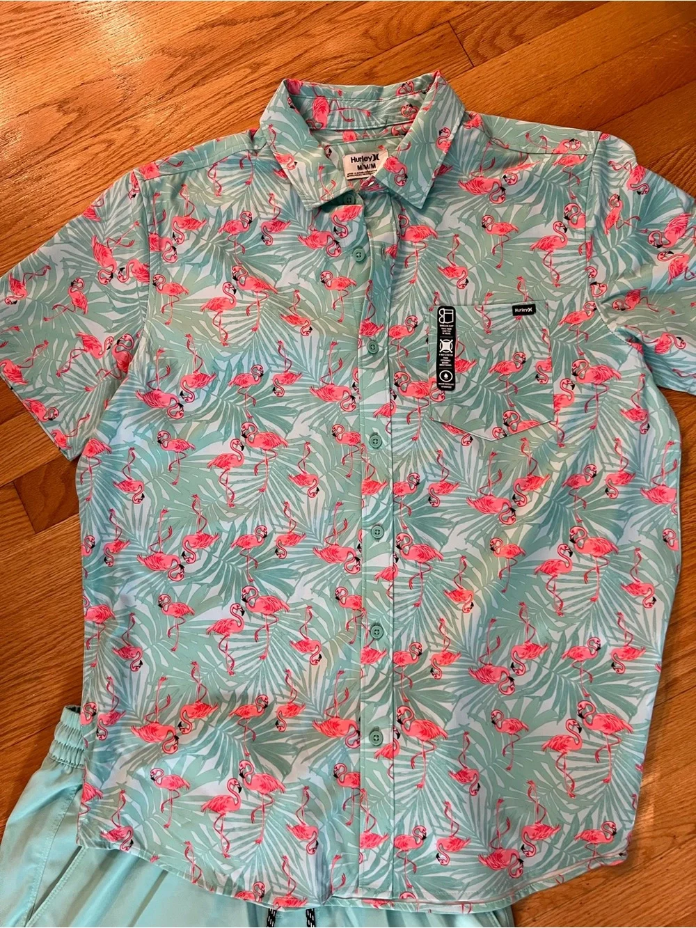 Hurley Aqua Flamingo Short Sleeve shirt & swim trunks Set - Mint & Pink